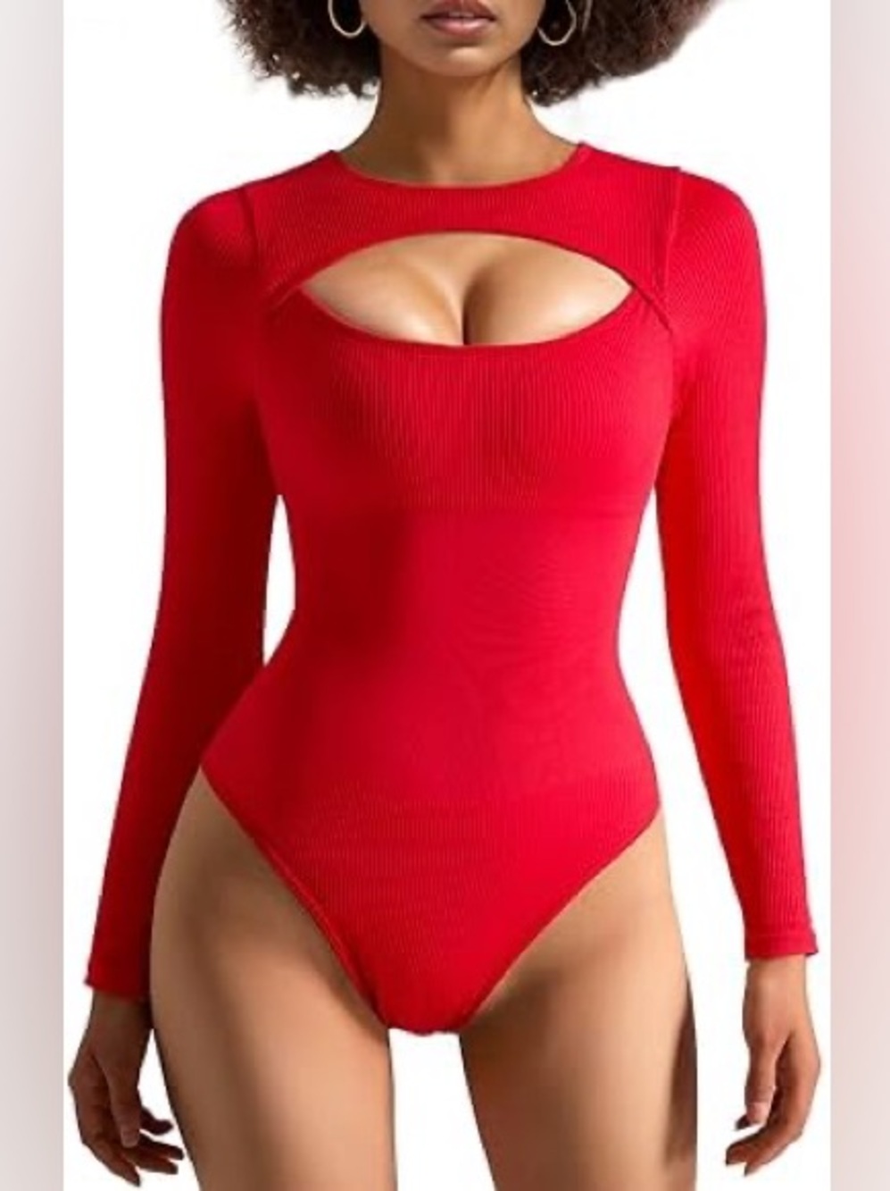New Amazon Bright Cherry Red Ribbed Long Sleeve Cutout Thong Bodysuit Size Small